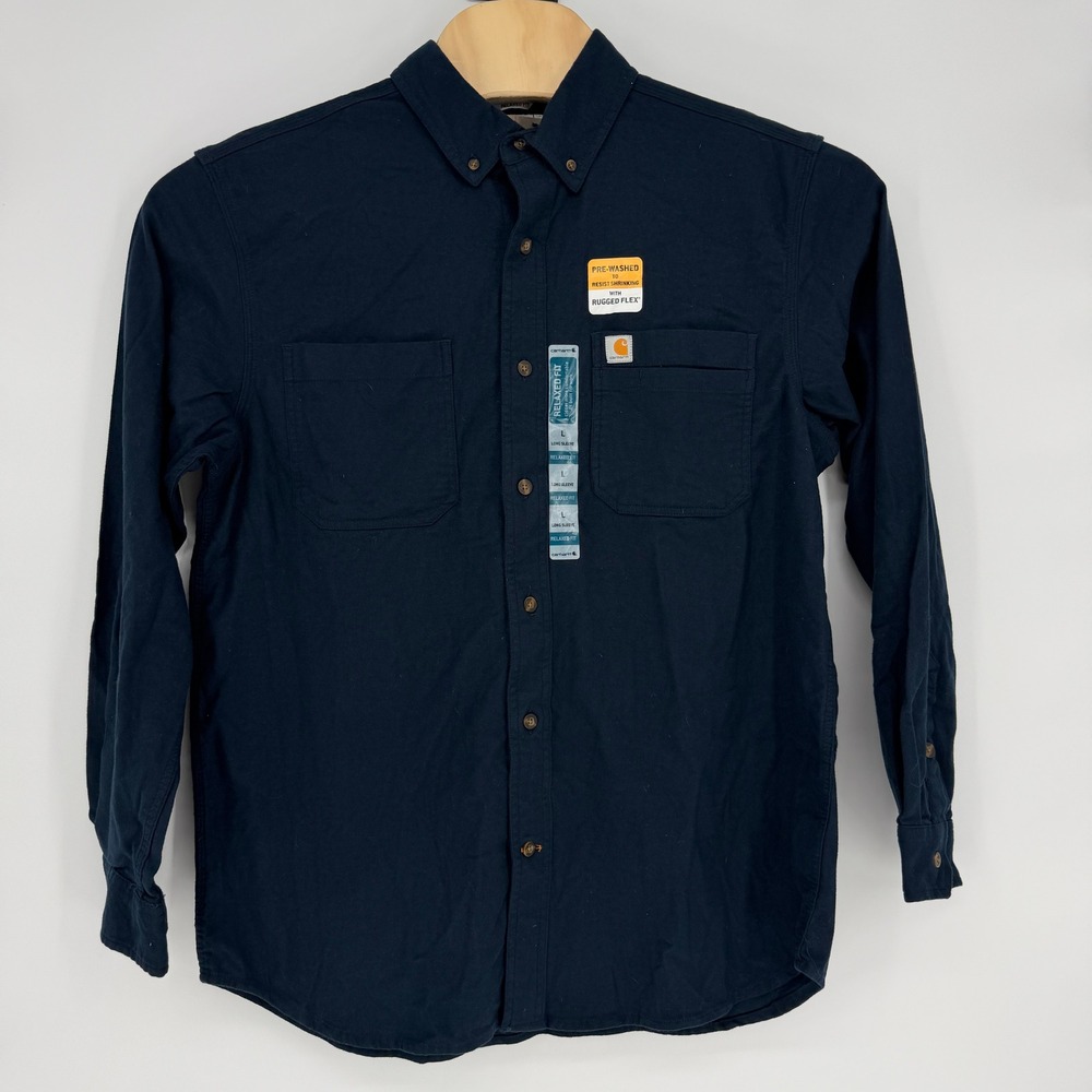 Carhartt‎ Rugged Flex Relaxed Fit Long Sleeve Button Down Shirt Navy 103870 L